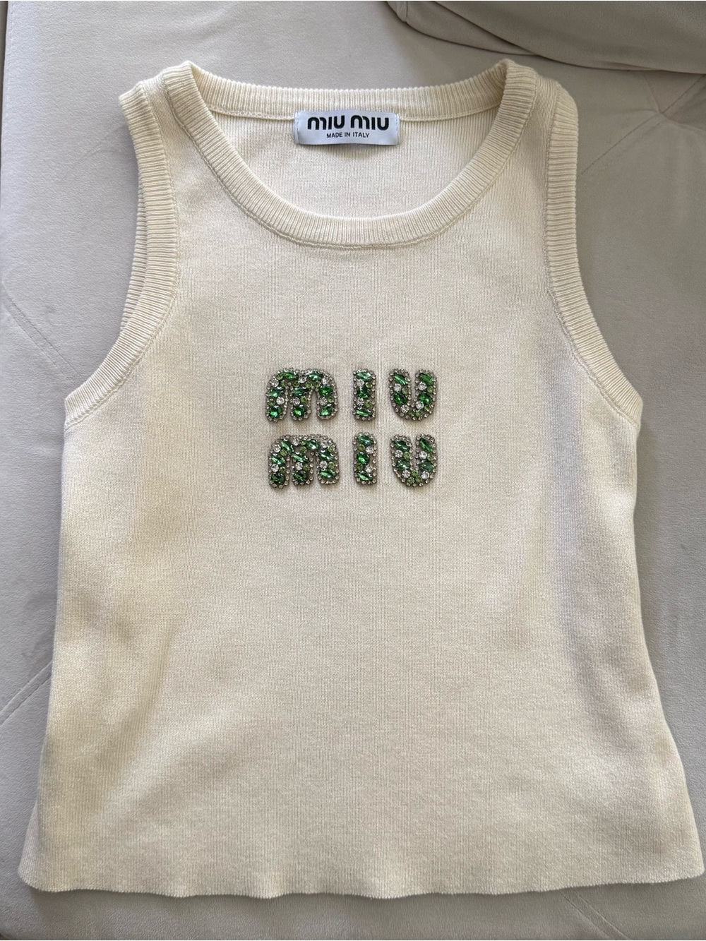 Cream Muscle Tank with Green Beaded Logo